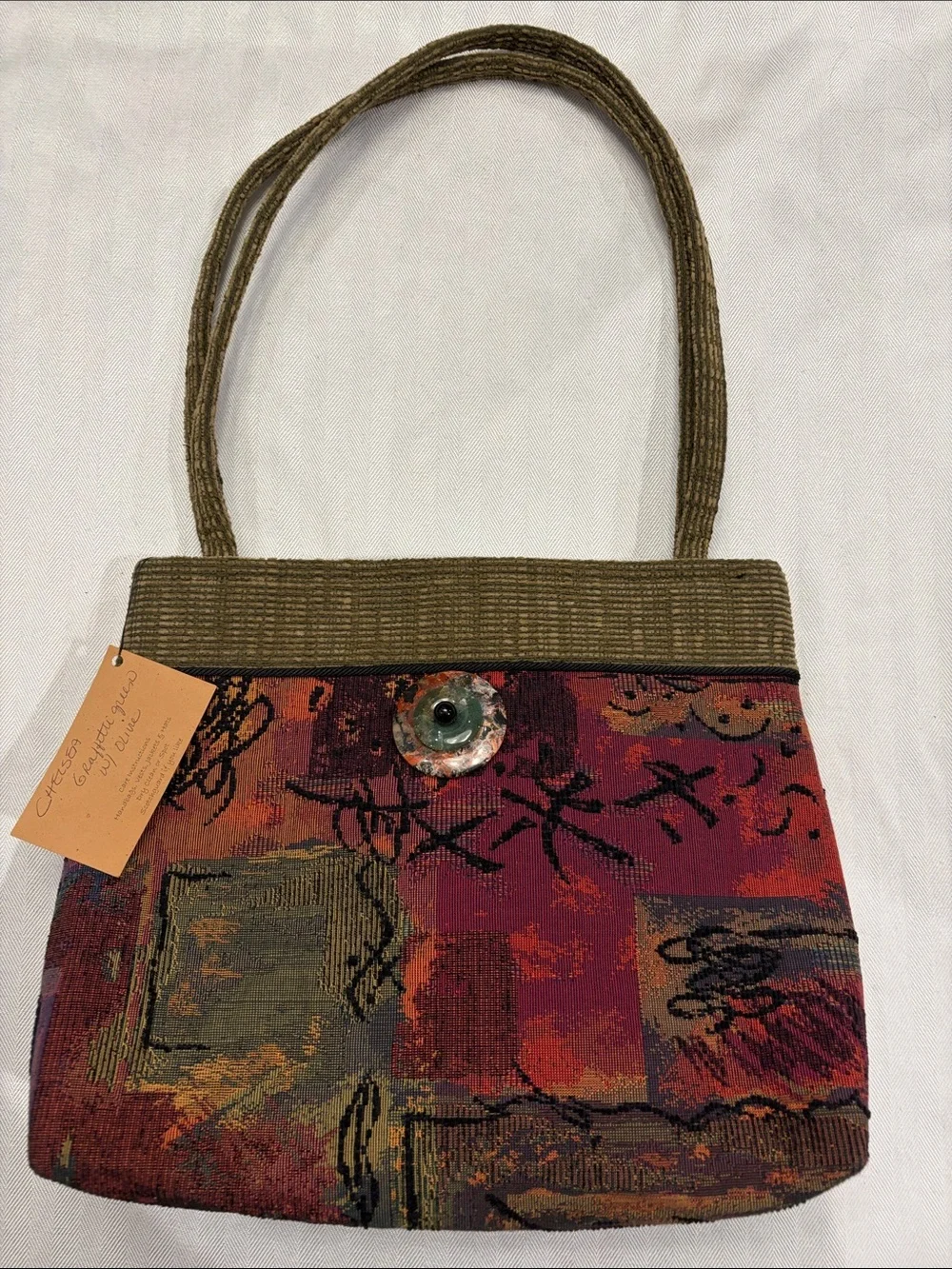 Graffiti Green Tapestry Shoulder Bag with Olive Trim